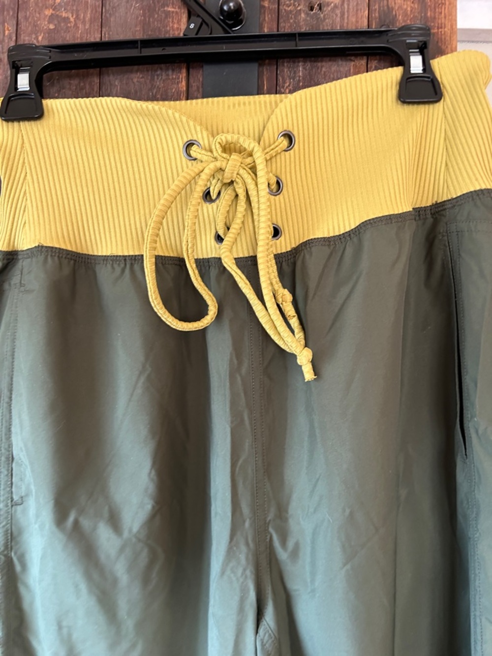 FP Movement by Free People Olive Green Wide-Leg Joggers with Yellow Rib Waist - Picture 3 of 6